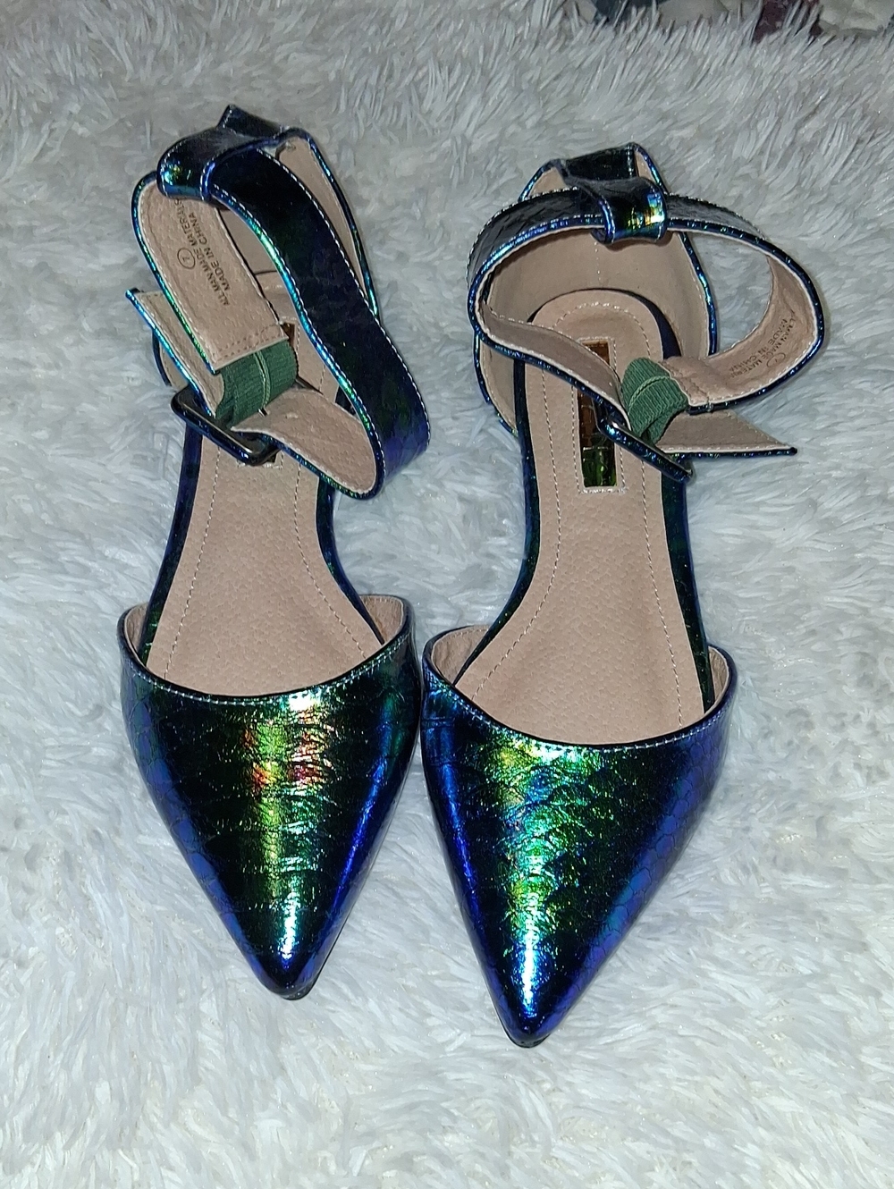 Iridescent Pointed-Toe Ankle Strap Flats - Women